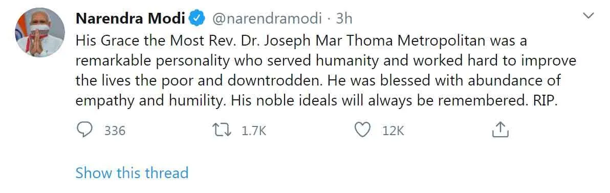 मोदी ने मार थोमा चर्च प्रमुख के निधन पर जताया शोक