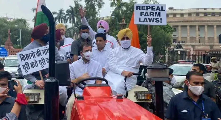 ट्रैक्टर पर संसद पहुंचे राहुल गांधी, सुरजेवाला और बी.वी श्रीनिवास को दिल्ली पुलिस ने हिरासत में लिया