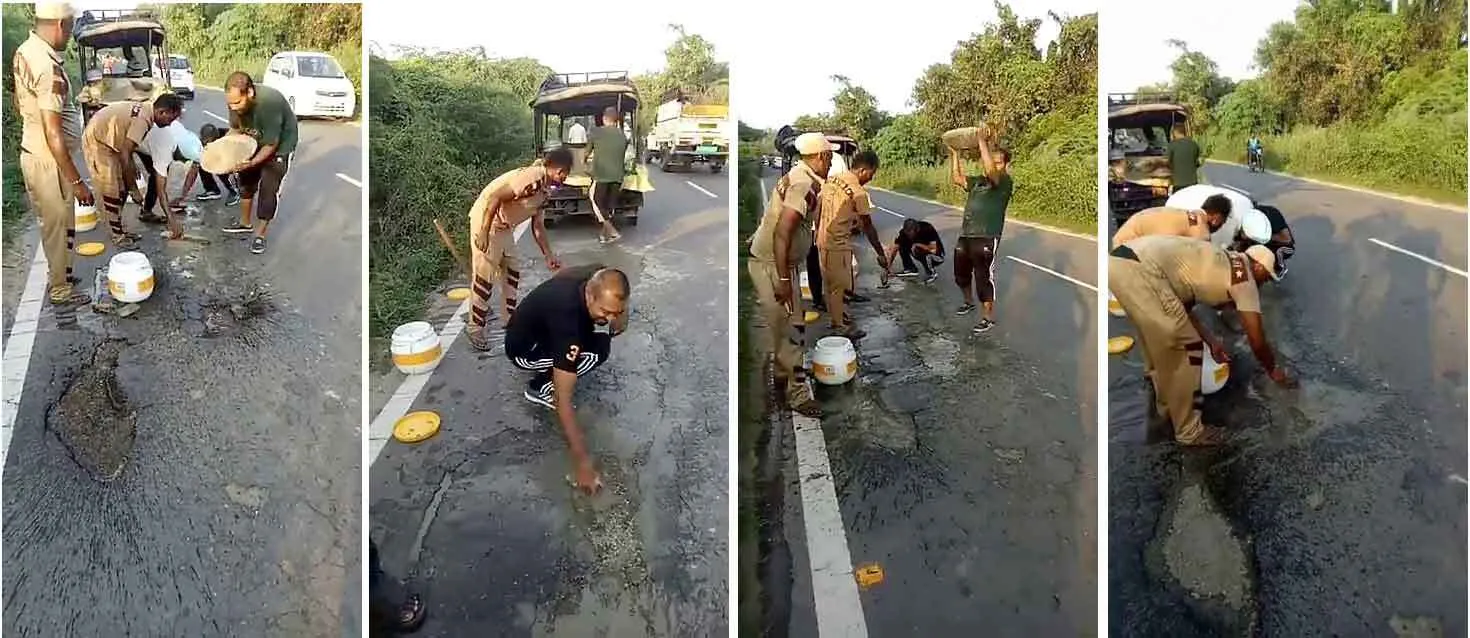 सड़क पर थे कई फुट गहरे गड्ढे, डेरा श्रद्धालुओं ने सीमेंट से भरा, राहगीरों ने की भरपूर प्रशंसा