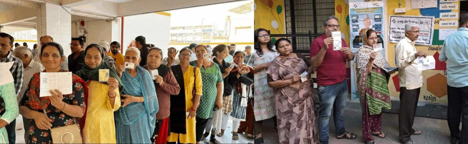 गुजरात में पहले चरण का मतदान जारी, मतदान के लिए लगी लम्बी कतारे