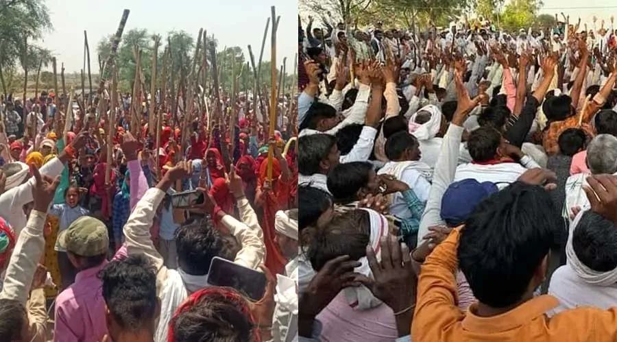 आरक्षण के लिए हाथों में लाठियां लेकर आंदोलन में कूदी महिलाएं और बच्चे