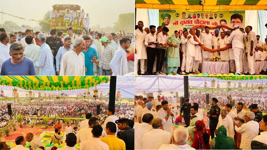 गांव बिठमड़ा में ग्राम पंचायत की ओर से आयोजित सम्मान समारोह में कम्बाईन चलाकर पहुंचे उप-मुख्यमंत्री दुष्यंत चौटाला