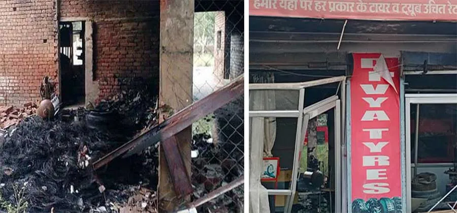 टायरों की दुकान में लगी भीषण आग, दुकानदार जला