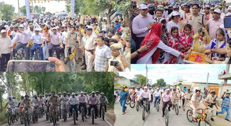 साइक्लोथॉन रैली का जींद जिले में प्रवेश करने पर जींद प्रशाशन व ग्रामीणों द्वारा जोरदार स्वागत