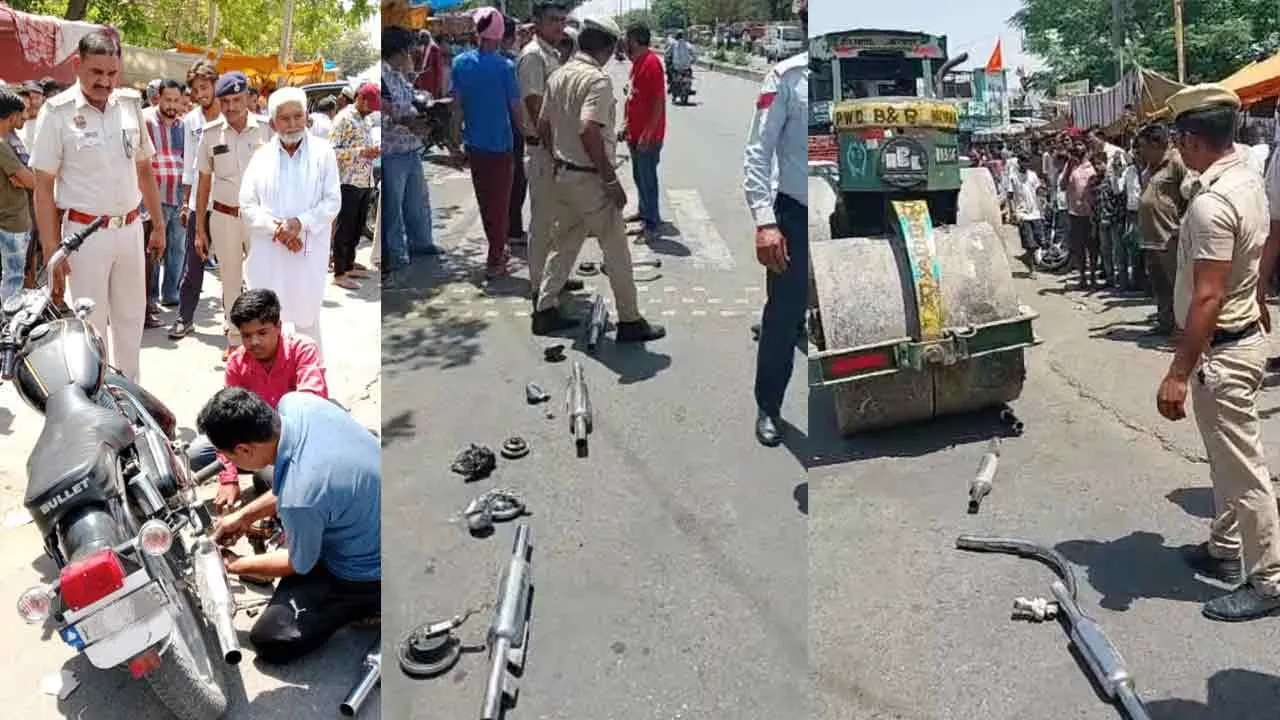 चीका में साइलेंसरों पर चला यातायात पुलिस का बुलडोजर
