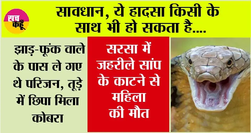 Snake News: सरसा में जहरीले सांप के काटने से महिला की मौत, झाड़-फूंक वाले के पास ले गए थे परिजन, तूड़े में छिपा मिला कोबरा