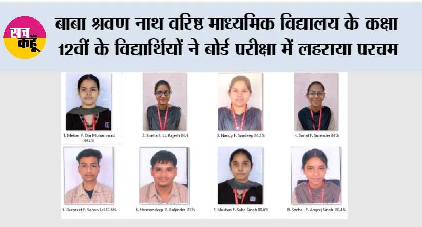 बाबा श्रवण नाथ वरिष्ठ माध्यमिक विद्यालय के कक्षा 12वीं के विद्यार्थियों ने बोर्ड परीक्षा में लहराया परचम