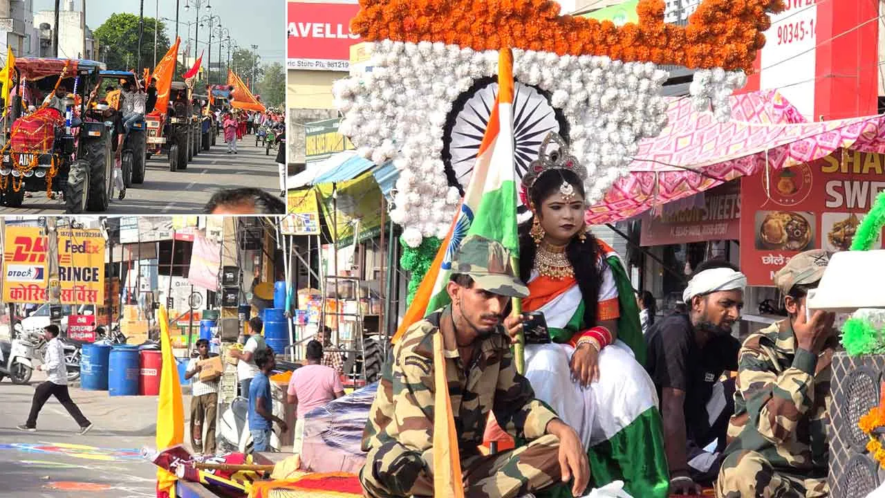 ढ़ोल नंगाड़ों के साथ संगमेश्वर महादेव मंदिर अरूणाय की ओर से निकाली गई श्रावण मास की शोभायात्रा