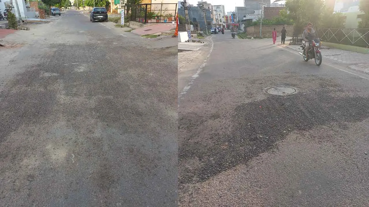 बारिश के बाद जगह-जगह से उखड़ा डामर सड़क का कंक्रीट