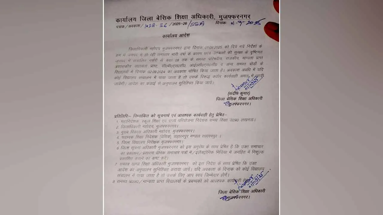 भारी वर्षा के चलते मुज़फ्फरनगर में 2 सितंबर को सभी स्कूलों में अवकाश घोषित