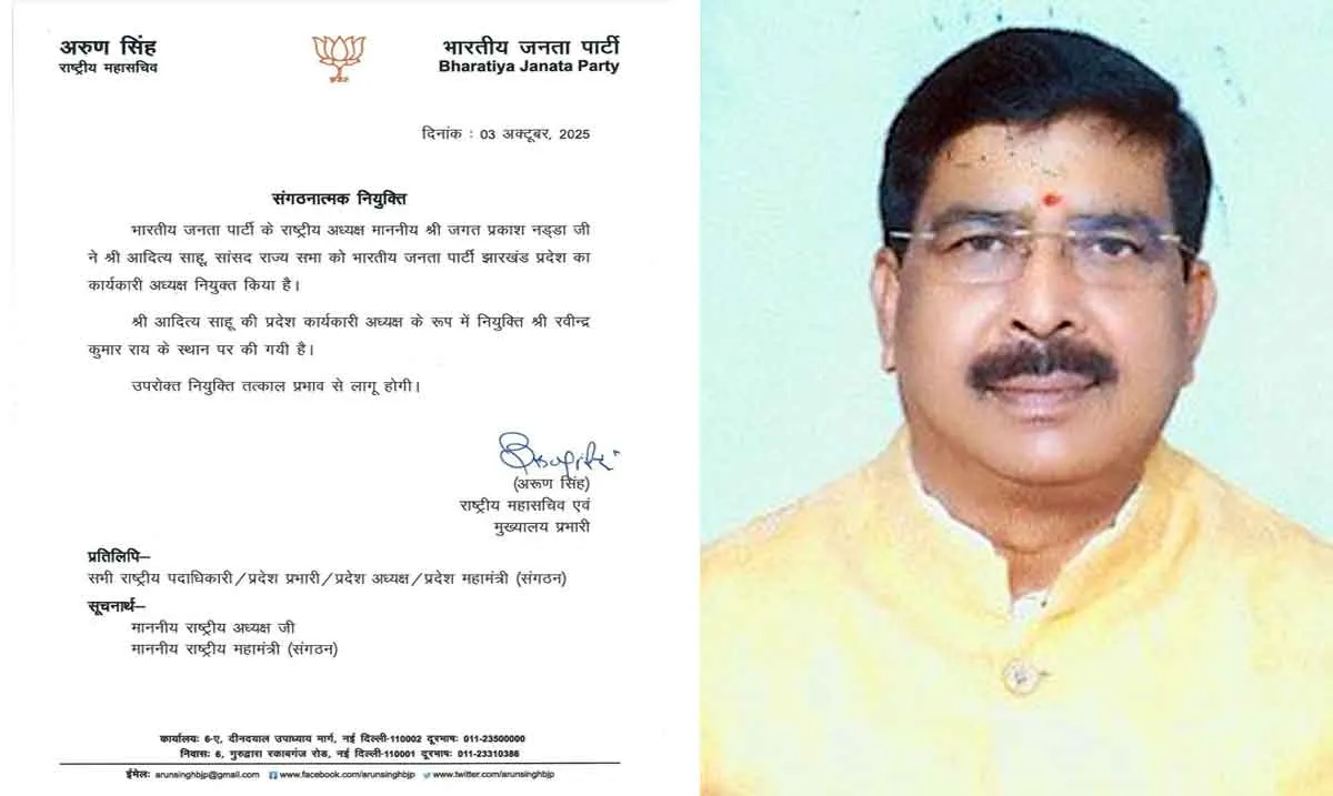 BJP Jharkhand: आदित्य साहू बने झारखंड प्रदेश भाजपा के कार्यकारी अध्यक्ष