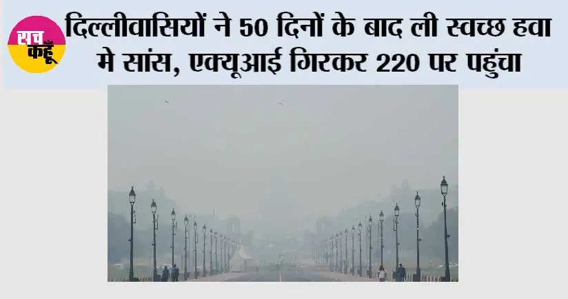 दिल्लीवासियों ने 50 दिनों के बाद ली स्वच्छ हवा मे सांस, एक्यूआई गिरकर 220 पर पहुंचा