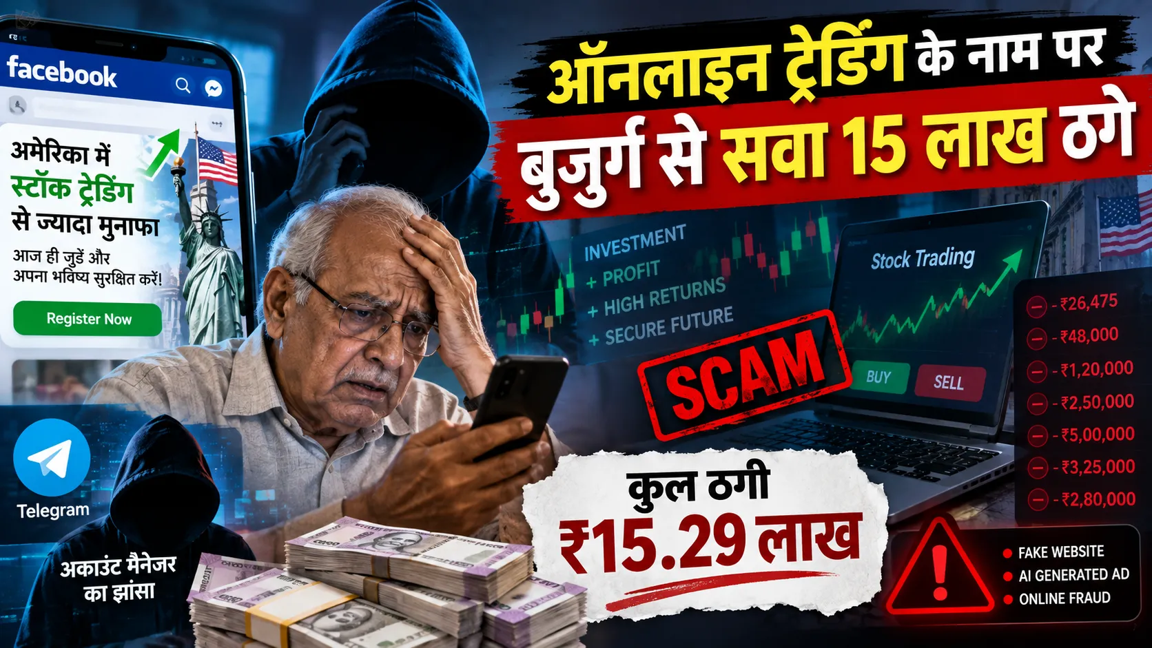 Trading Fraud: ऑनलाइन ट्रेडिंग के नाम पर बुजुर्ग से सवा 15 लाख ठगे