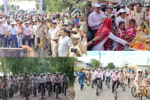 साइक्लोथॉन रैली का जींद जिले में प्रवेश करने पर जींद प्रशाशन व ग्रामीणों द्वारा जोरदार स्वागत