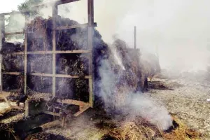 पराली की गठड़ियों से भरी ट्रॉली को लगी आग, टला हादसा