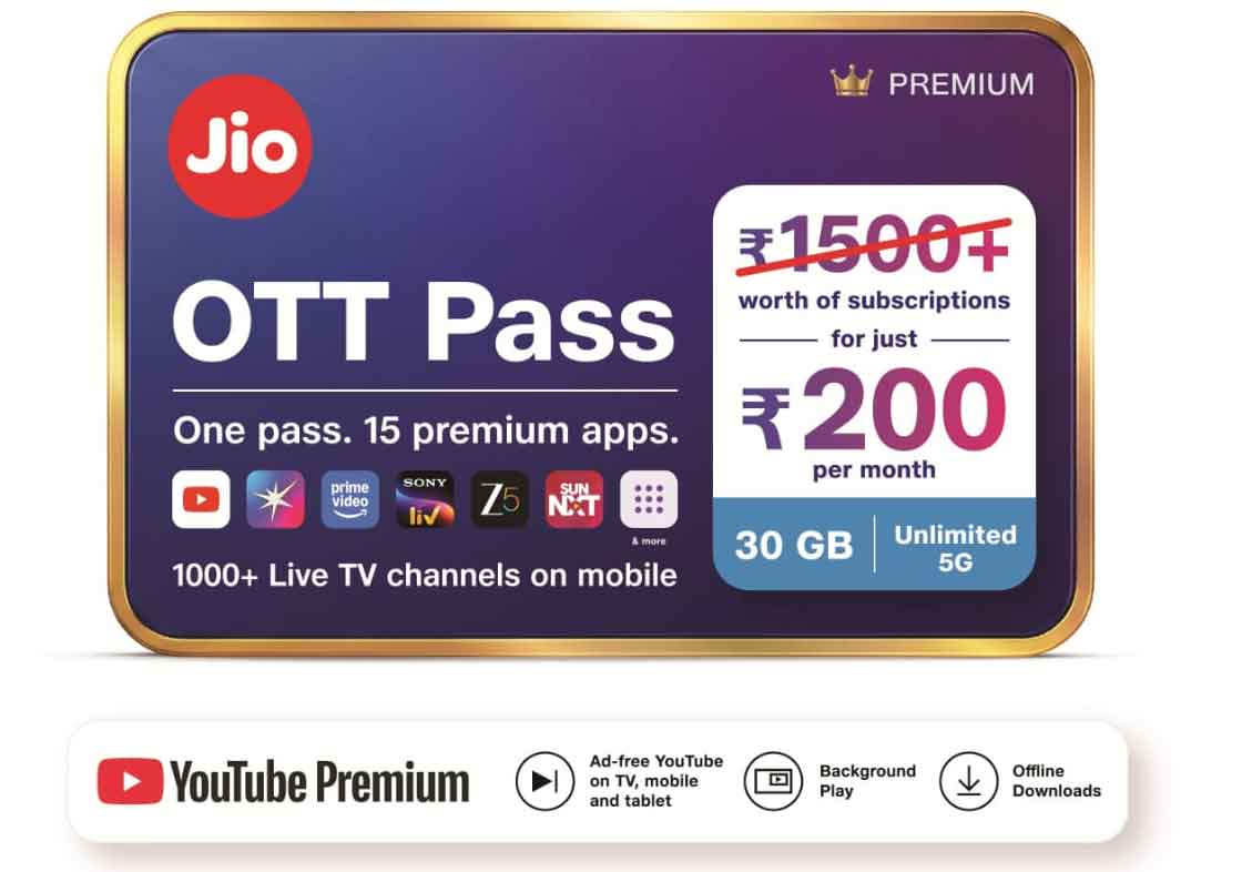 Jio OTT Pass: जियो का धमाका! अब 200 रुपये में 15 OTT, 1000 से ज्यादा टीवी चैनल और 30GB डेटा