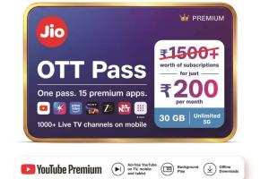 Jio OTT Pass: जियो का धमाका! अब 200 रुपये में 15 OTT, 1000 से ज्यादा टीवी चैनल और 30GB डेटा