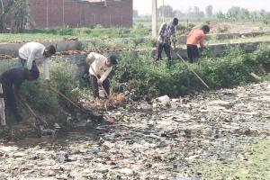 कण्डेला में तालाब में चलाया गया सफाई अभियान