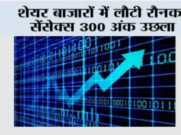 शेयर बाजारों में लौटी रौनक, सेंसेक्स 300 अंक उछला Stock Market