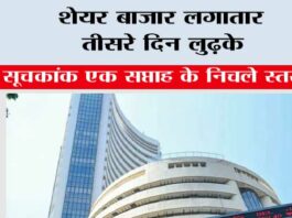 शेयर बाजार लगातार तीसरे दिन लुढ़के, प्रमुख सूचकांक एक सप्ताह के निचले स्तर पर Mumbai