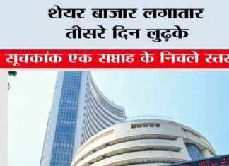 शेयर बाजार लगातार तीसरे दिन लुढ़के, प्रमुख सूचकांक एक सप्ताह के निचले स्तर पर Mumbai